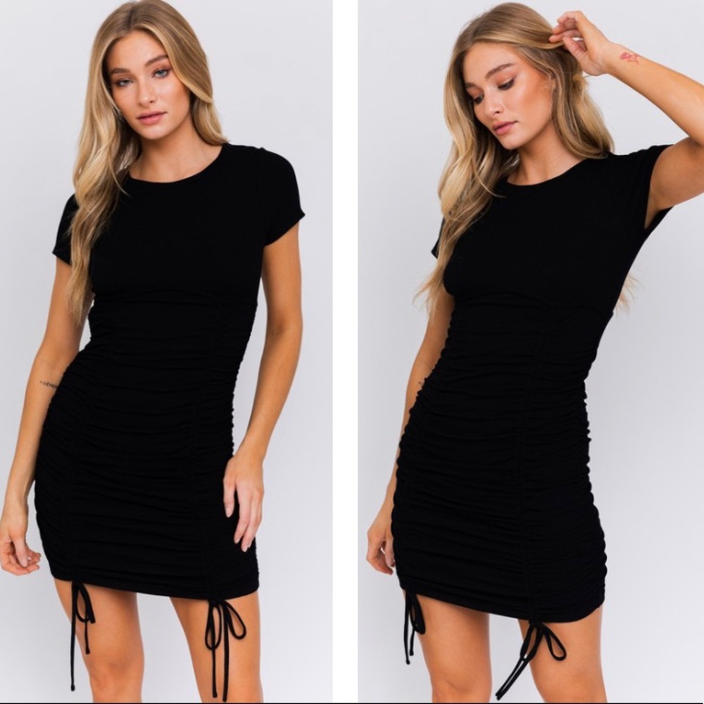 Black Short Sleeve Bodycon Ruched Mini Dress - Picture 3 of 6
